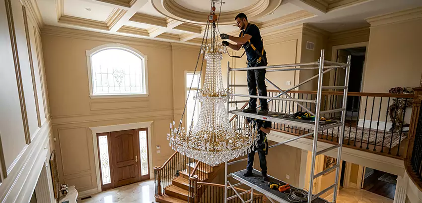 Two-Story Foyer Chandelier Installation in Alpharetta